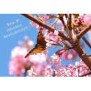 Carte "Bon et heureux anniversaire!" - Papillon dans un arbre en fleurs 