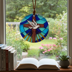 médaillon vitrail avec la croix et l'Esprit Saint