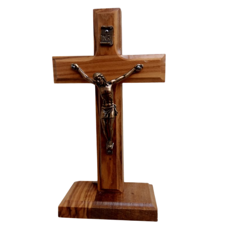 crucifix sur pied en bois d'olivier avec christ métal