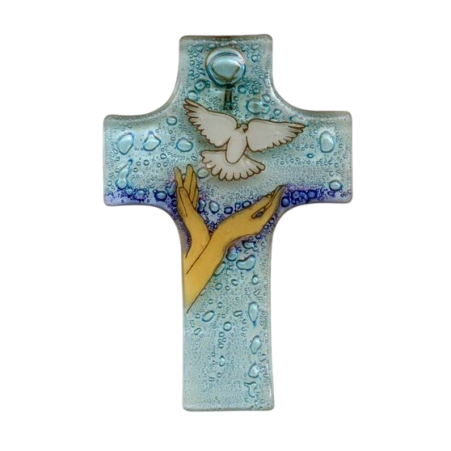 croix vitrail représentant la colombe de la paix